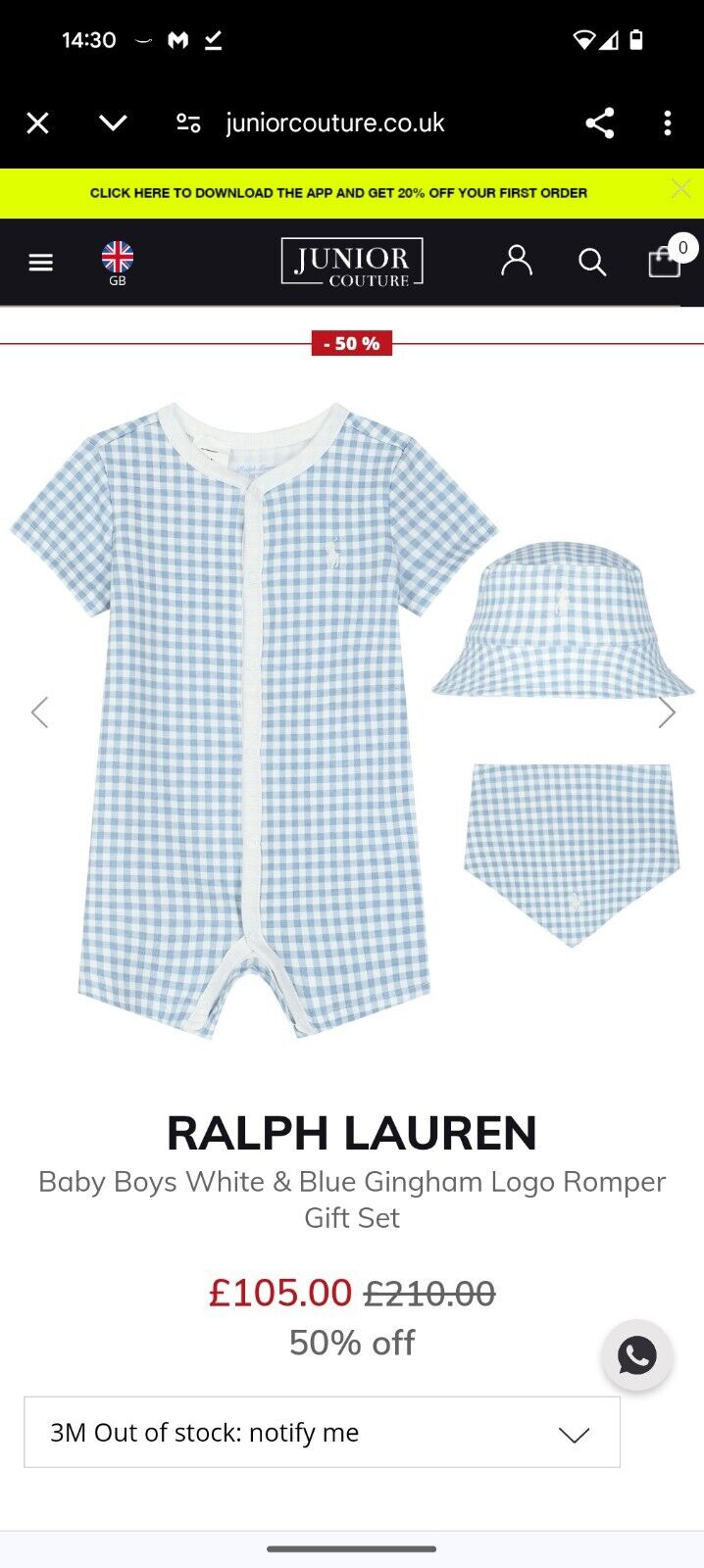 New Ralph Lauren Baby Boy Gift Set Basket Gingham Romper Hat + Bib 1-3m Newborn