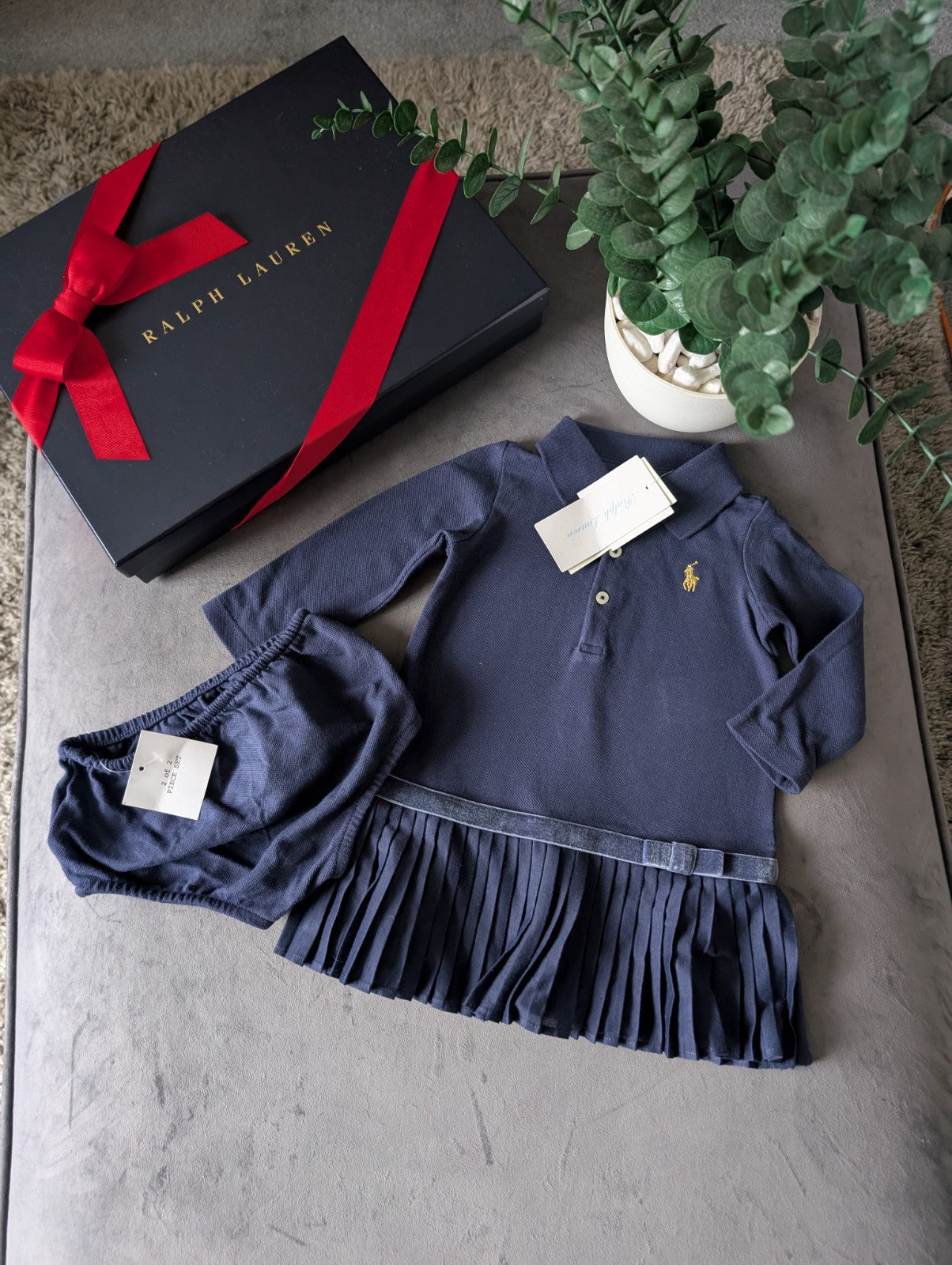 New Ralph Lauren Pleated shirt dress Blue Bow 6-9m Occasion Formal Tennis Gift