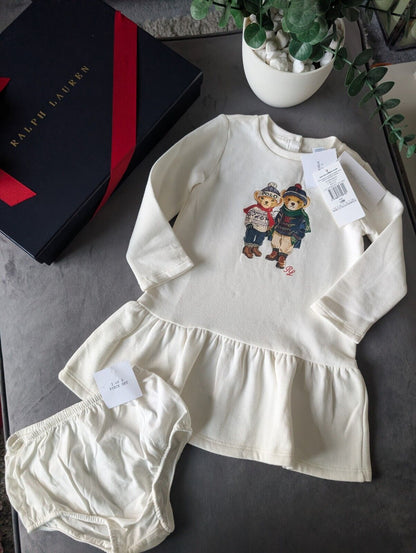 New Ralph Lauren Girls White Sweatshirt Dress Bear Duo Pretty Flare Gift 18mths