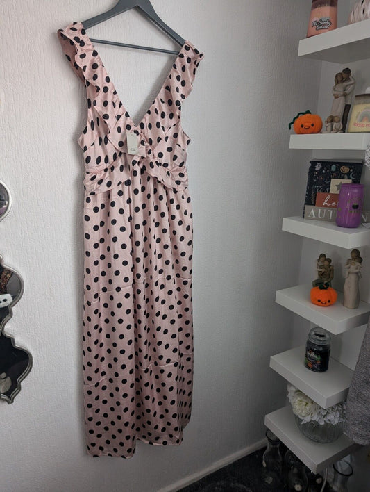 New River Island Pink Maxi Ruffle Wrap Dress Dusky pink polka dot occasion UK 14