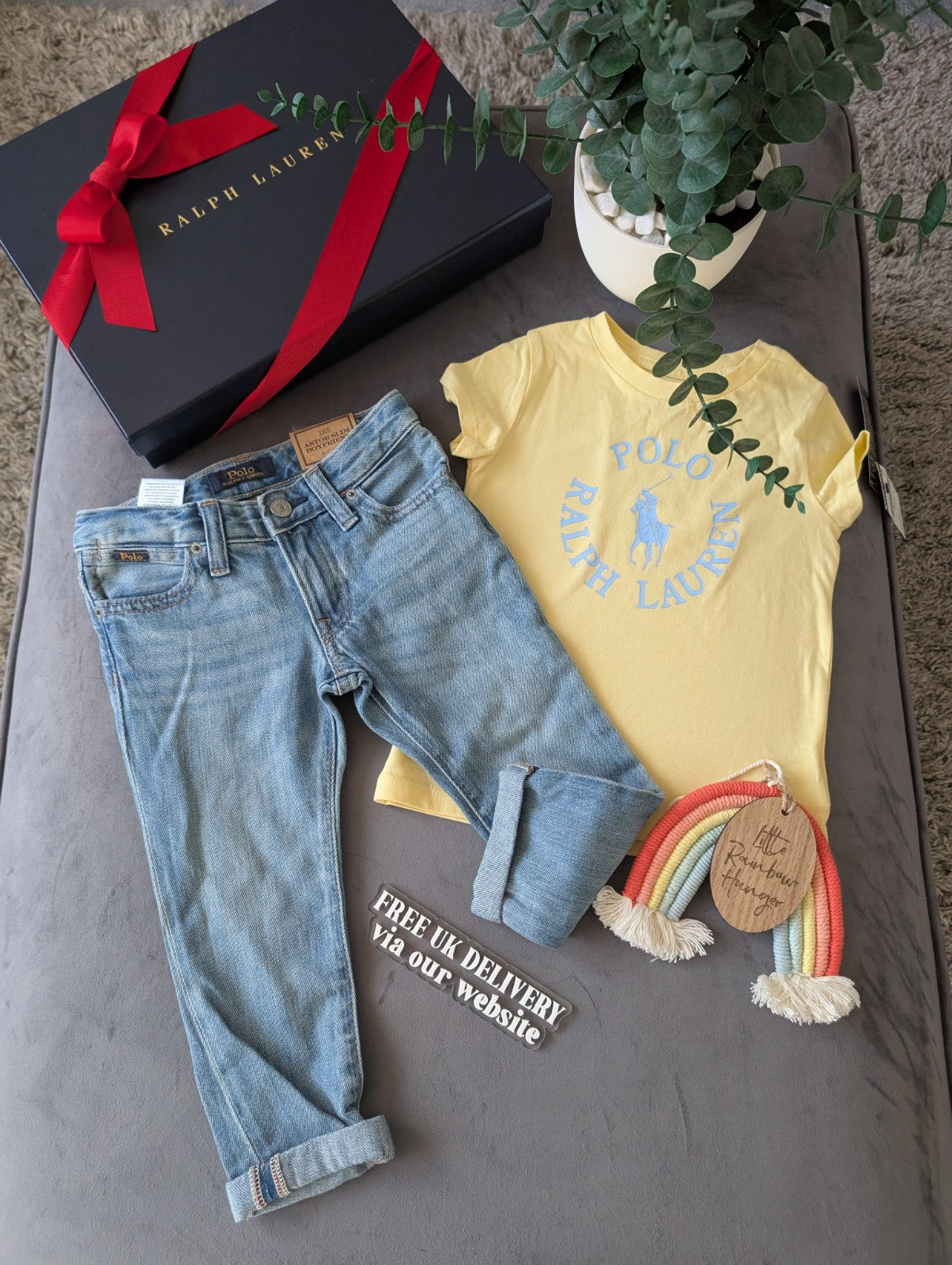 New Ralph Lauren Girls Yellow T Shirt + Blue Denim Boyfriend Jeans Summer 2yrs