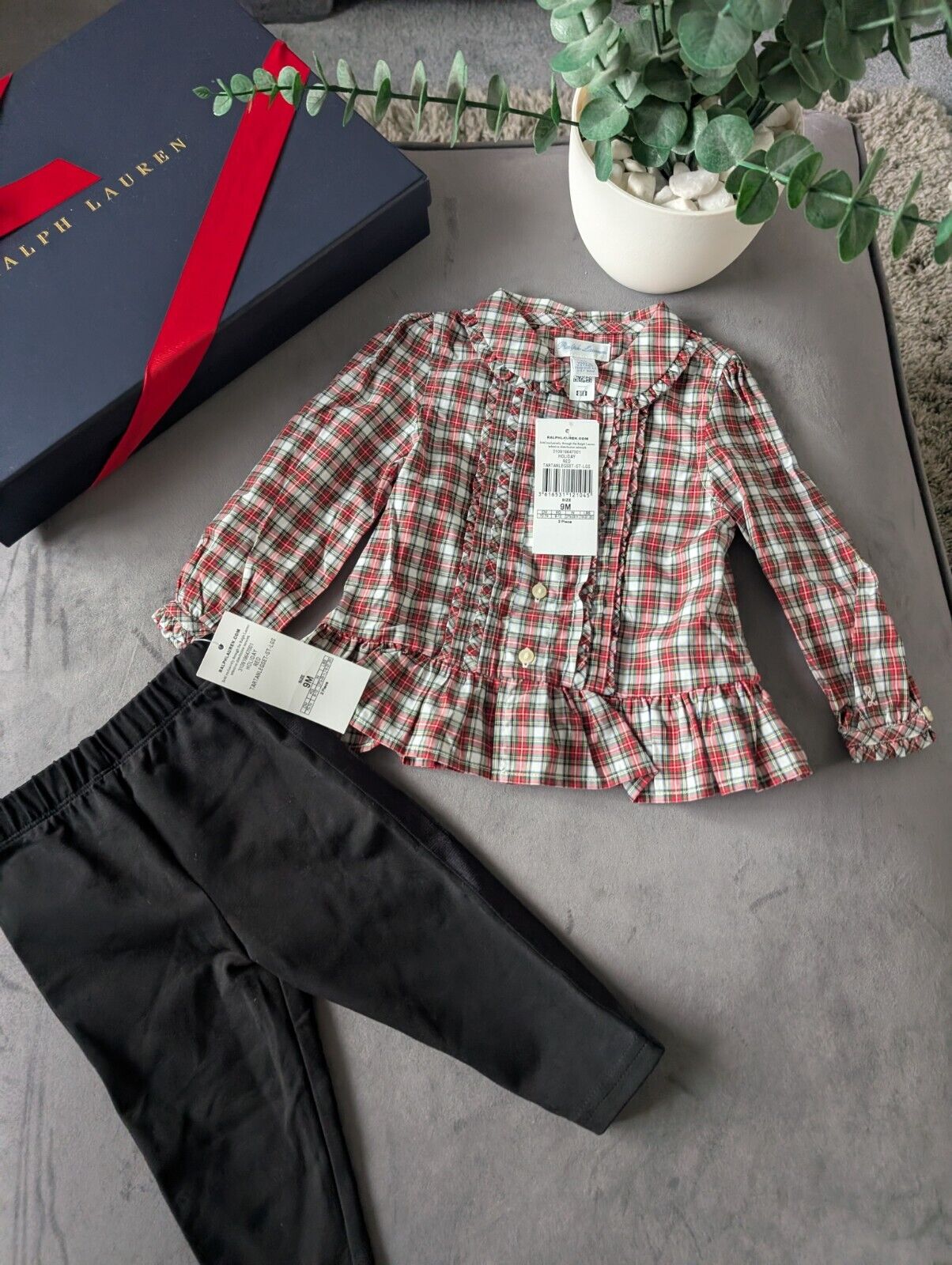 New Ralph Lauren Girls Poplin Plaid Check Shirt Frill + Leggings Set Gift 6-9m