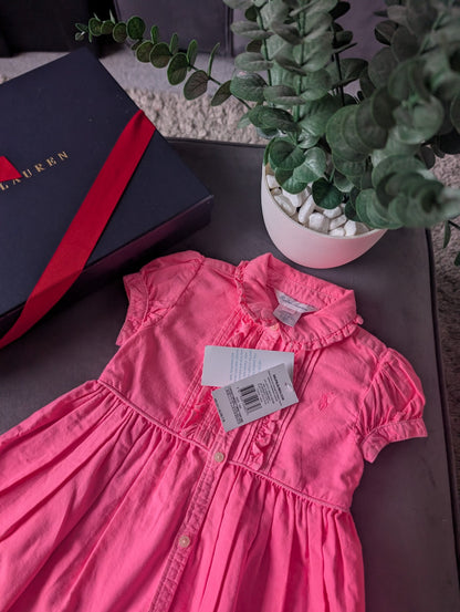 New Girls Polo Ralph Lauren Gorgeous Plain  Dress Oxford Neon Pink 12-18m Smart