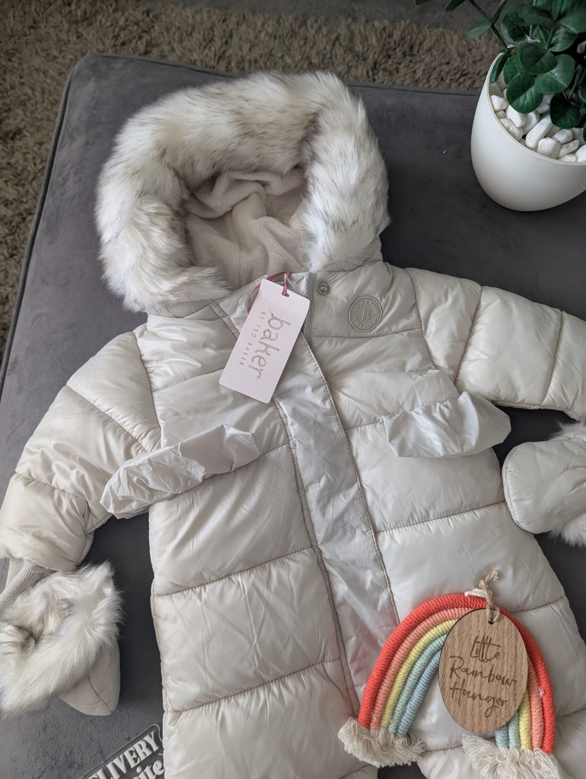 Ted Baker Silver Padded Ruffle Trim Snowsuit & Mittens Set Age 3-6mths BNWT £54