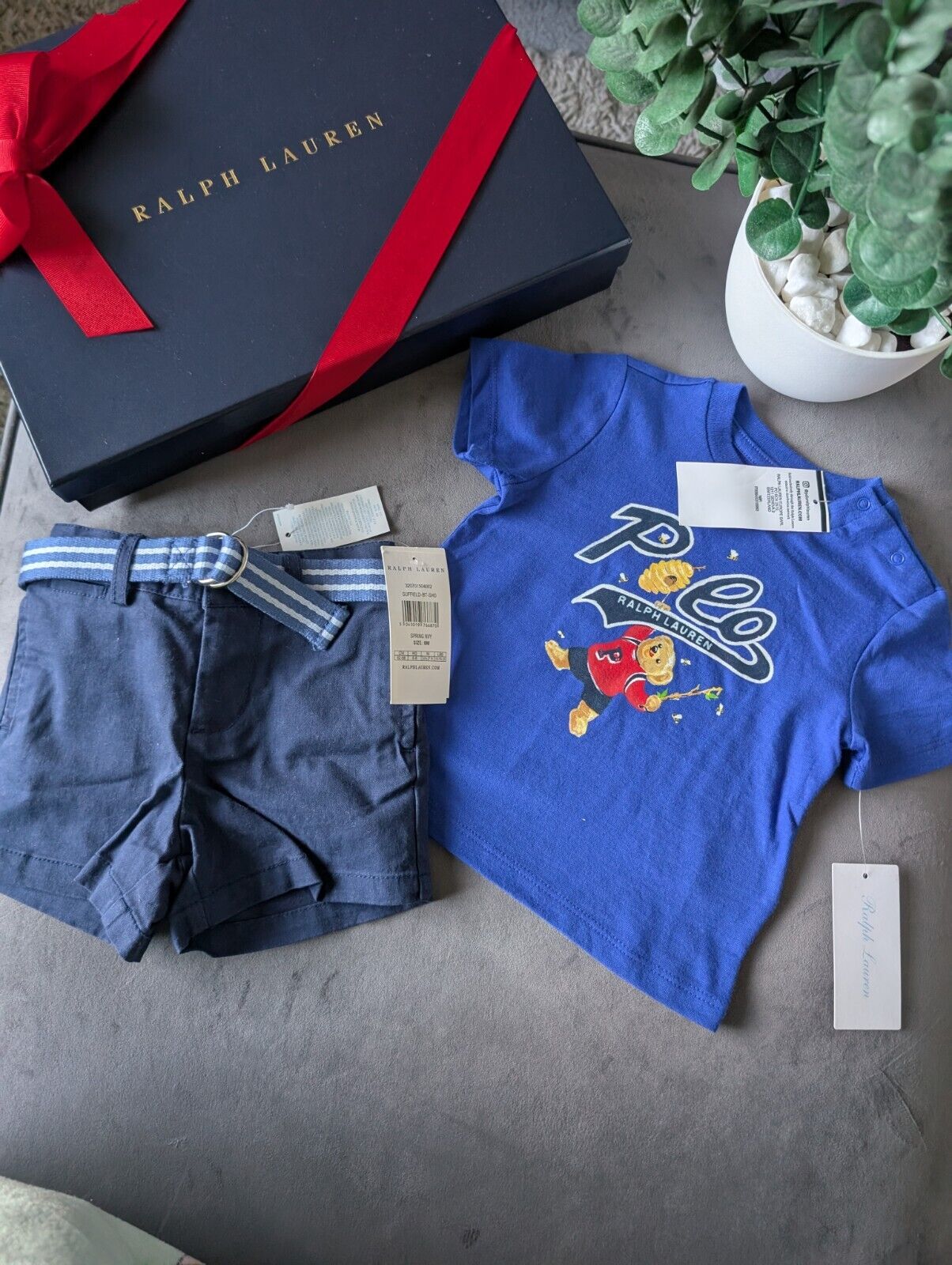 New adorable Ralph Lauren boys Bear Bee t Shirt + navy blue short set 6-9m gift