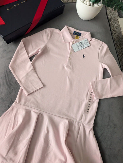 New Ralph Lauren girls soft pink polo dress long sleeve frill age 6-7 occasion gift