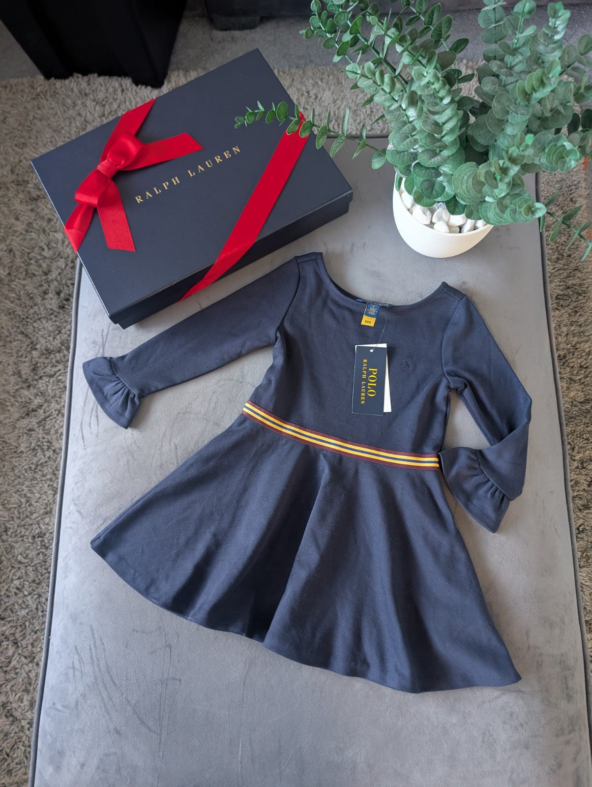 New Stunning Ralph Lauren Girls Ponte Frill Sleeve Navy Dress Belted Gift 2y