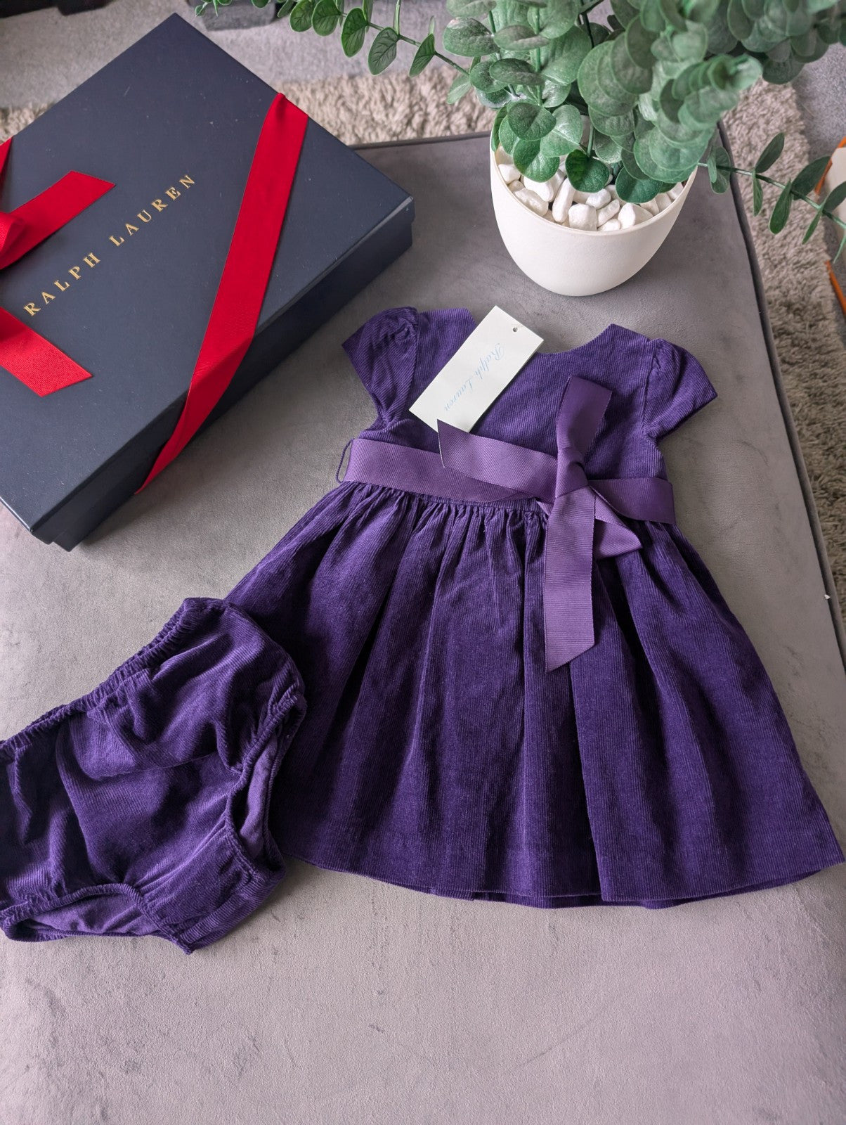 New Ralph Lauren Baby Girls Corduroy Purple Dress Belted + Bloomer Gift Cute 3-6