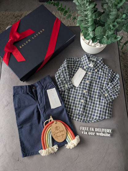 New Boys Ralph Lauren Checked T Shirt & Chino Navy 3m Smart Cute Occasion Gift