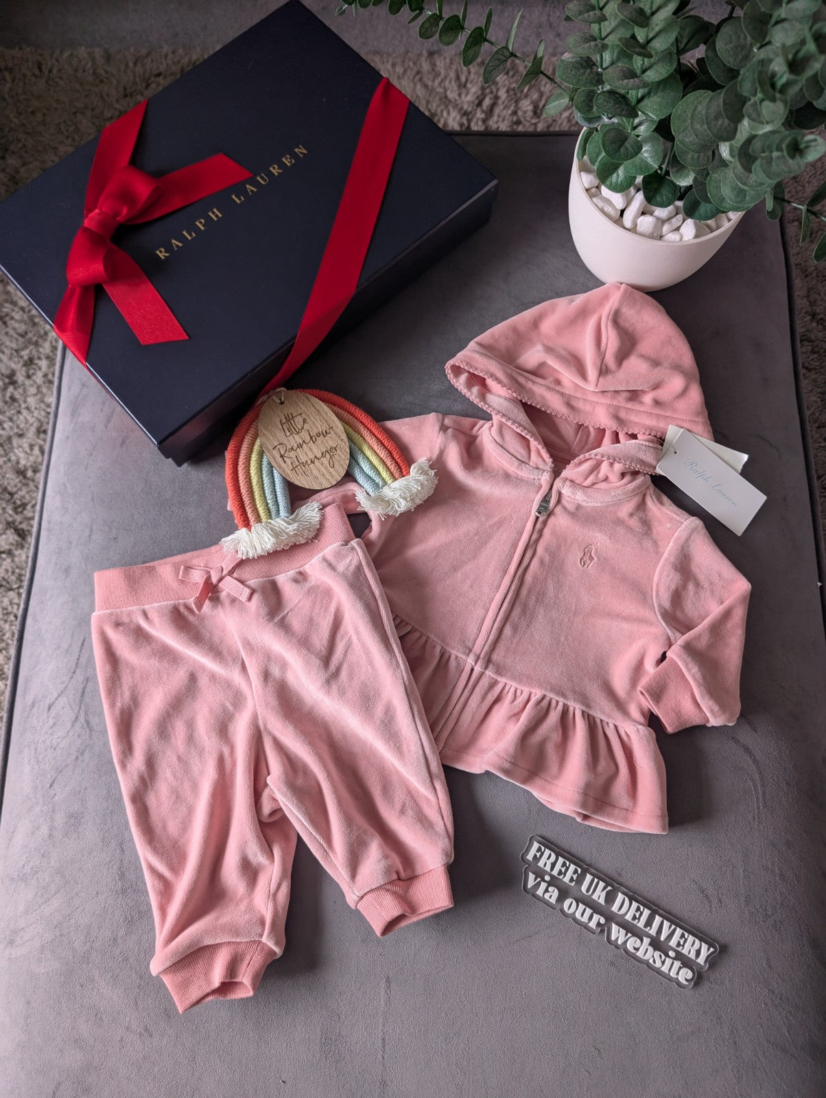 New Gorgeous Ralph Lauren Pink Scalloped Baby Girl Tracksuit 0-3m Gift Velvet