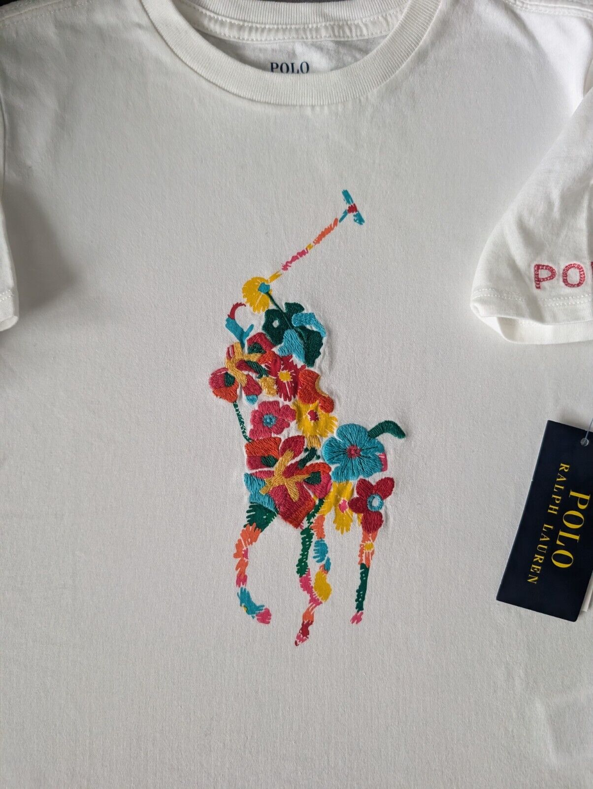 New Ralph Lauren Girls Ivory Embroidery Floral Pony Logo Top T Shirt Gift 6Xyrs