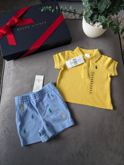 New polo Ralph Lauren baby Polo Shirt Yellow + Pony Embroidery Shorts 3m gift