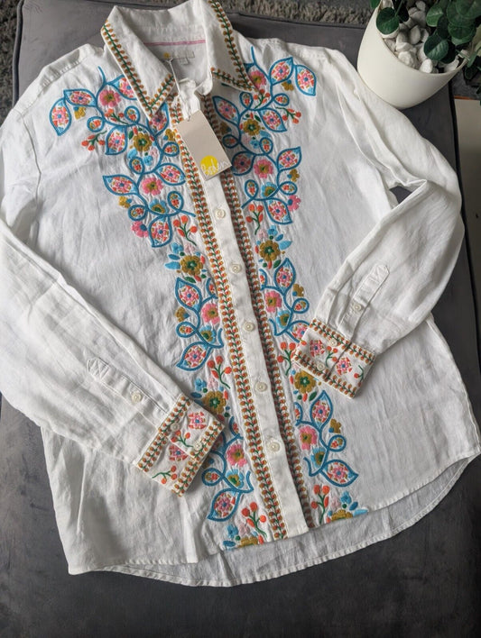 Stunning Boden Embroidered Linen Shirt White Multi  Size 10R - New with Tag