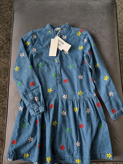 New Stella McCartney kids denim tiered smiley flowers dress embroidered 8/9 yrs