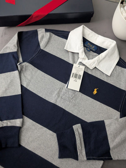 New Ralph Lauren Boys Rugby Style Stripe Long Sleeve Polo Grey Navy  8y Boys