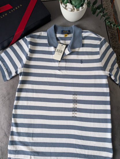 New Ralph Lauren Boys Smart Stripe Short Sleeve Polo Blue White  14y Boys