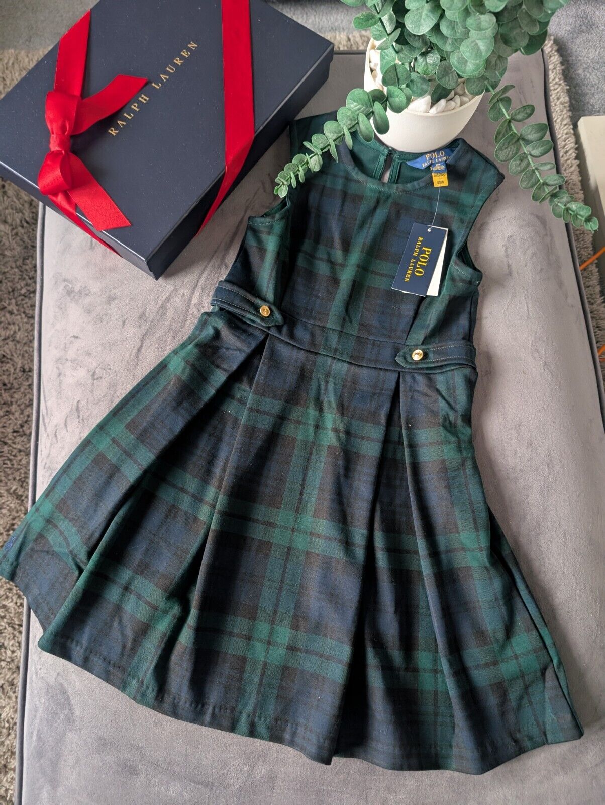 New Ralph Lauren Girls Gorgeous Tartan Green Pleated Ponte Dress Age 6x £125