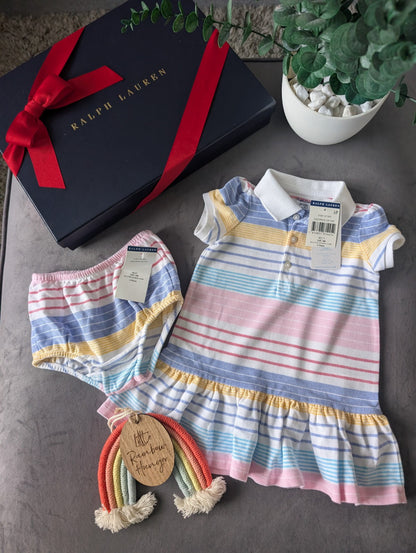 New Ralph Lauren baby girls pink white stripe frill Multi Dress gift 3-6m pretty