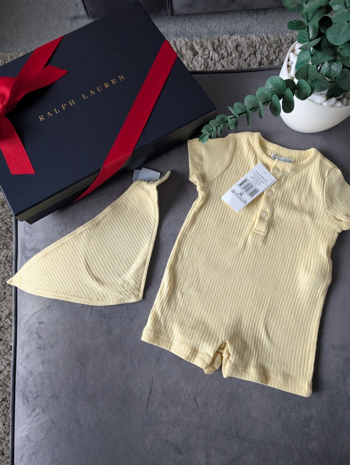 New Ralph Lauren Baby Boy Romper Yellow + Bib Pony Logo Gift New 0-3m  £70