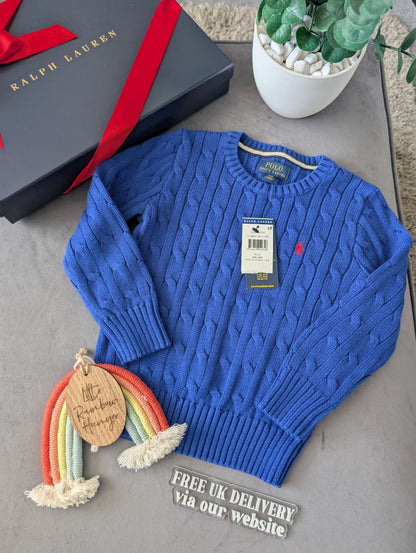 New Boys Ralph Lauren Blue cable knit long sleeve jumper Smart Age 3/4yrs Gift