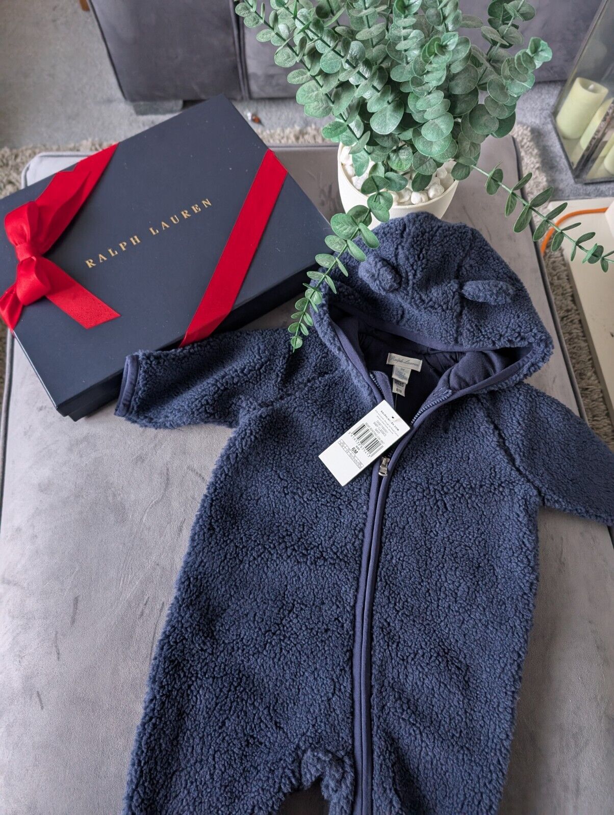 New Ralph Lauren baby boys faux shearling bear all in one snowsuit baby gift 3-6