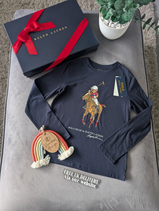 New Ralph Lauren Girls Horse Long Seeve T Shirt 6-7yr Smart Navy Cute Gift