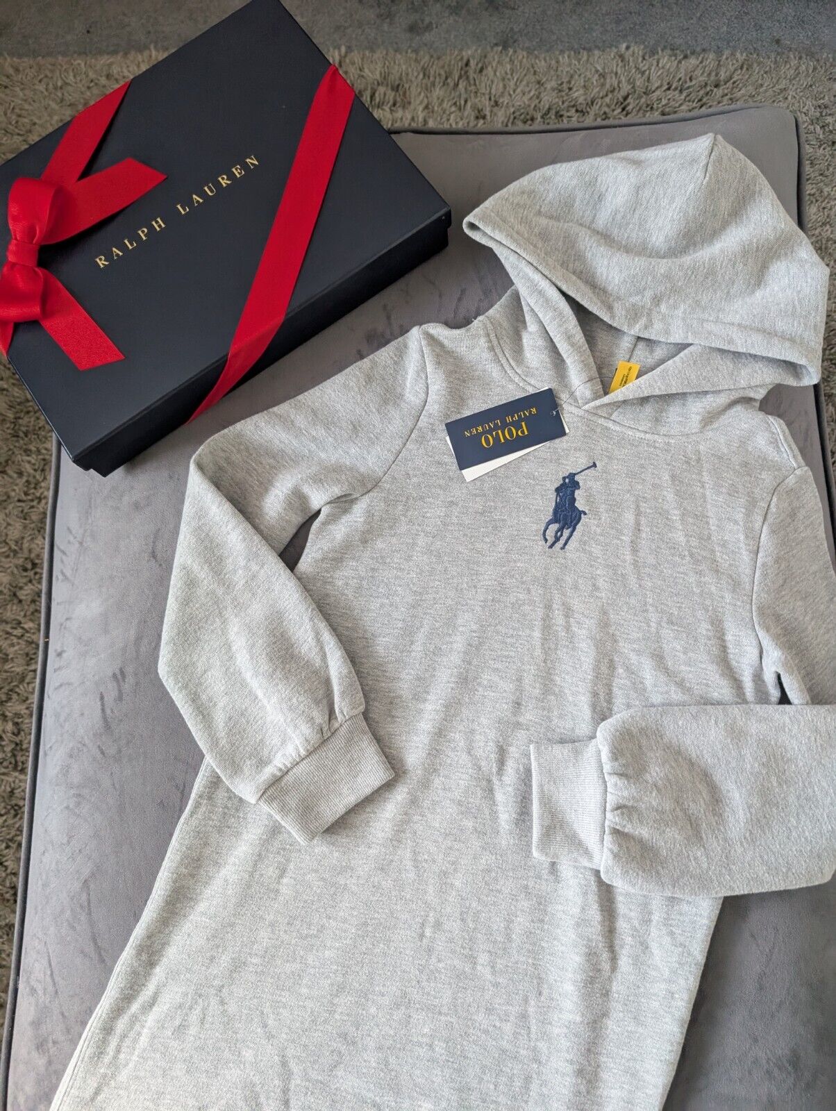 New Ralph Lauren Girls Hoodie Jumper Dress Polo Grey Logo Smart  8-10yr Gift