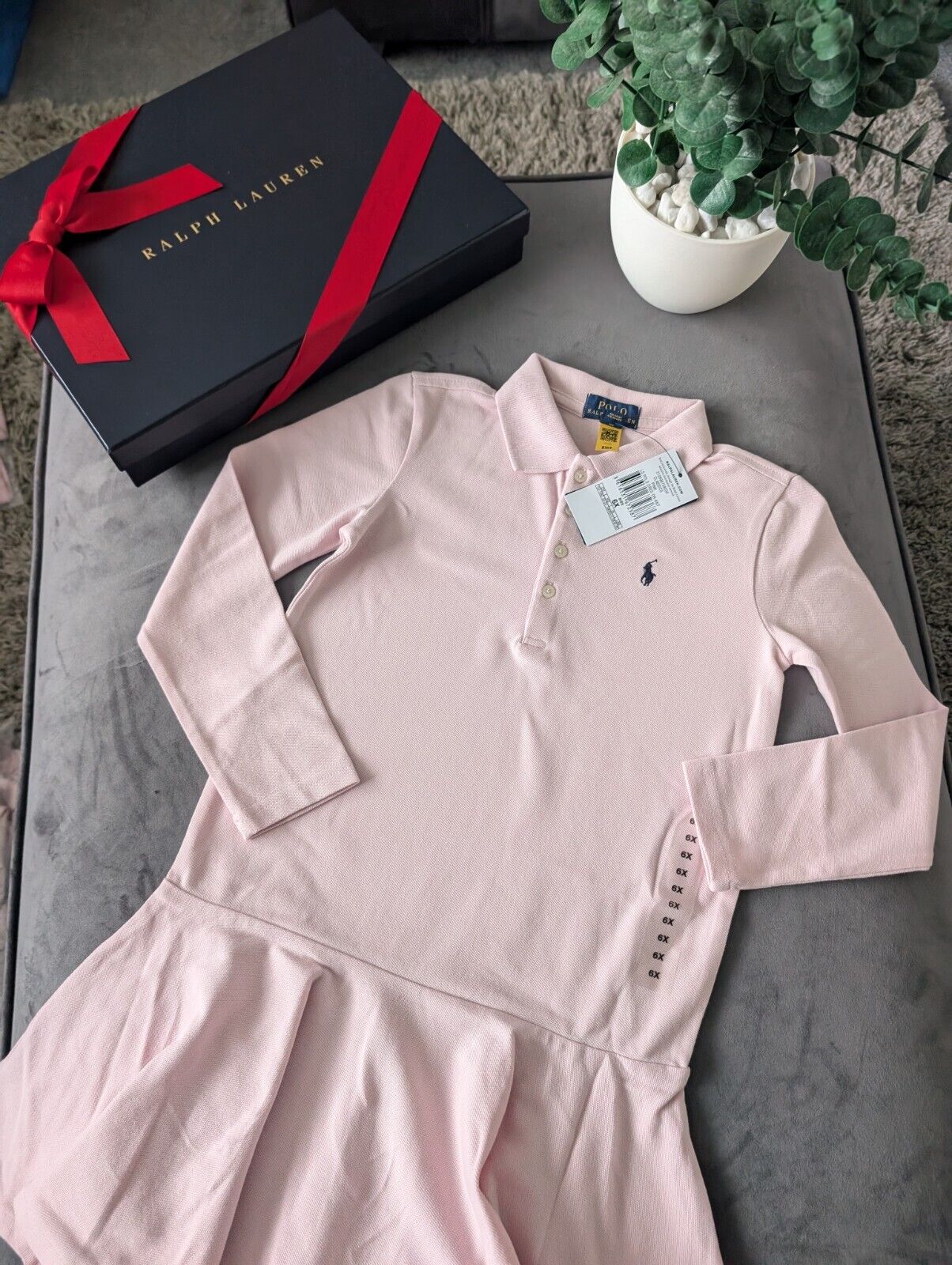 New Ralph Lauren girls soft pink polo dress long sleeve frill age 6-7 occasion gift