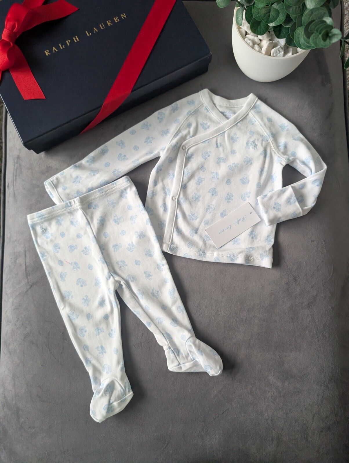 New Ralph Lauren Baby Boy 2 Piece Pyjamas Set 3-6m Blue White Gift  Top +Bottoms