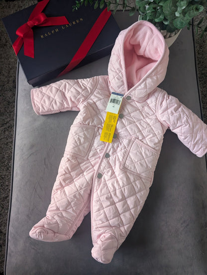 New ralph lauren Baby Pink quilted fleece lined pram suit snowsuit 0-3m Gift