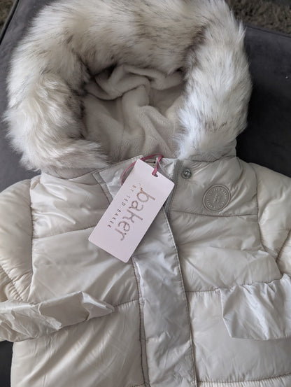 Ted Baker Silver Padded Ruffle Trim Snowsuit & Mittens Set Age 3-6mths BNWT £54