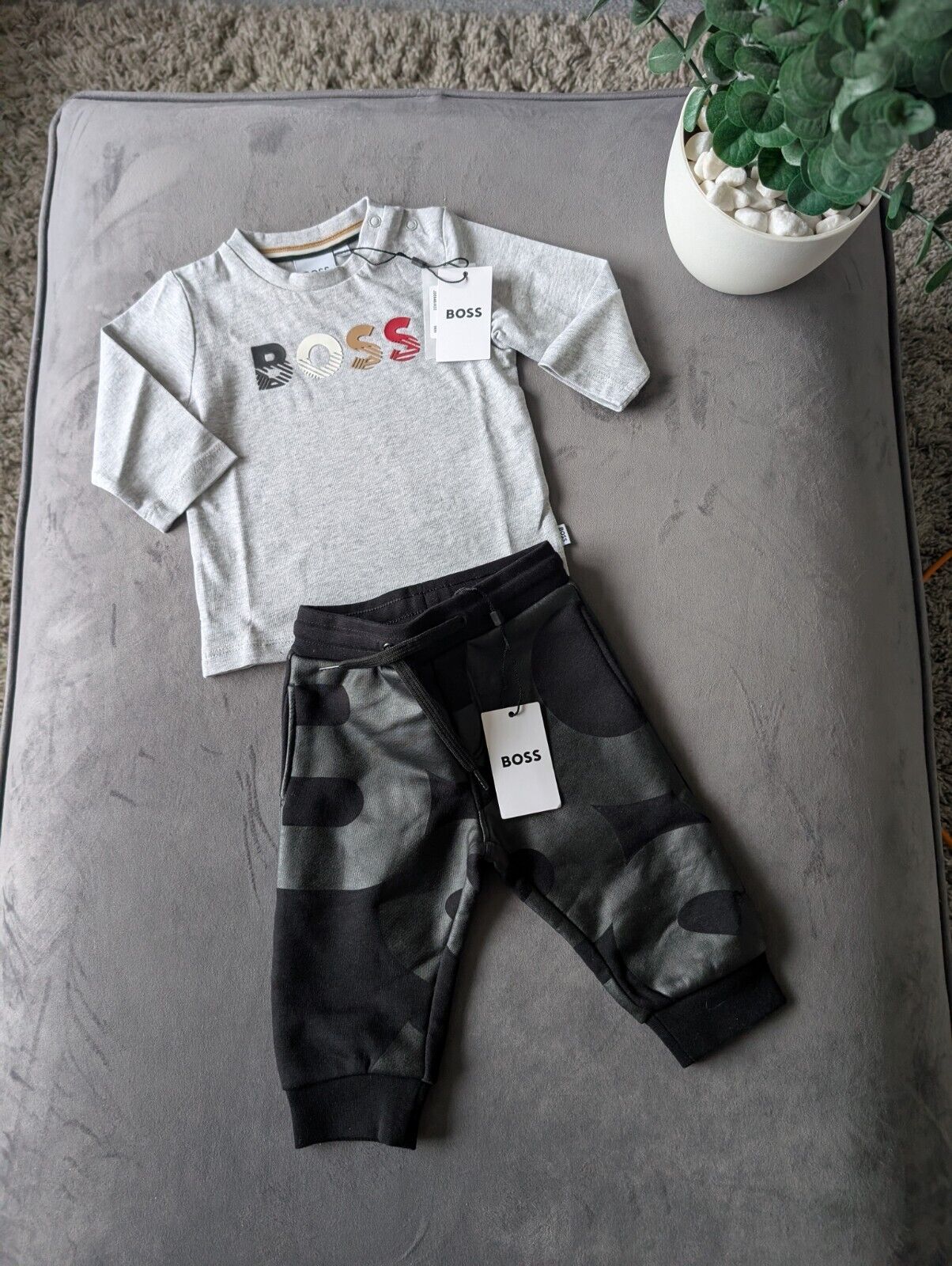 New Hugo Boss Grey Black Baby Full Jacket 0-6m Baby Boy Jogger + Top Set  Gift