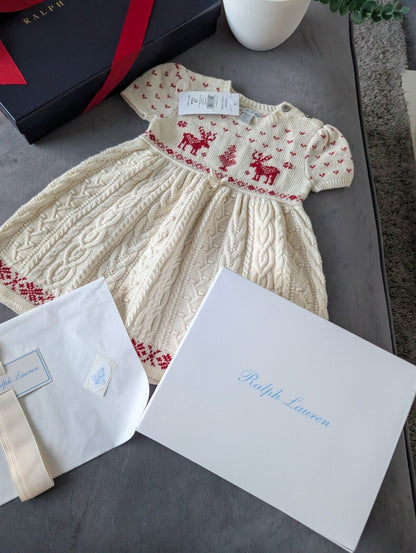 New stunning girls Ralph Lauren Christmas cable knit dress + gift box 9-12m Gift