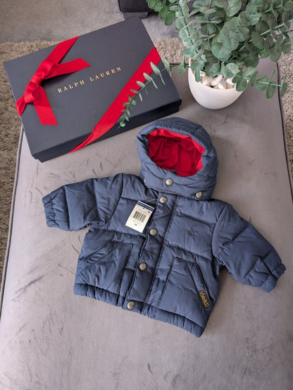 New Ralph Lauren Baby Boys  Down Vintage Jacket Coat 0-3m Navy Red Warm Gift