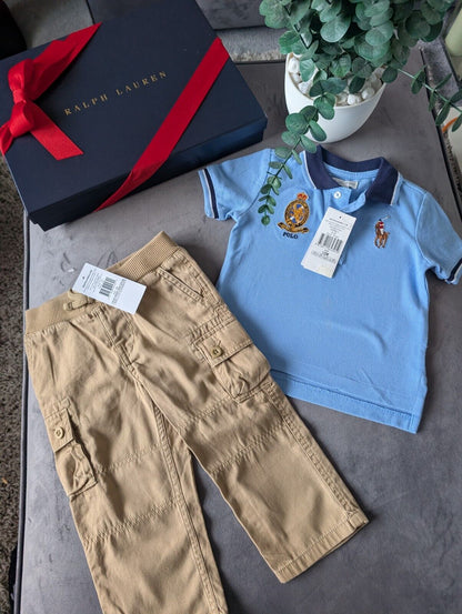 New adorable Ralph Lauren boys Polo Shirt Blue  + Chino Trousers Age 12m Gift