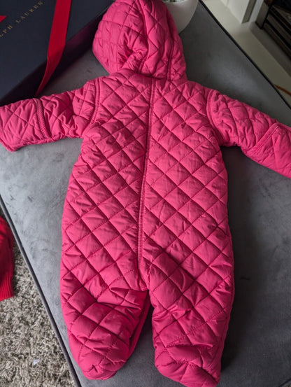 New ralph lauren Pink Quilted fleece lined pram suit snowsuit 0-3 Gift Girls