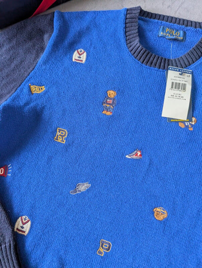 New Polo Ralph Lauren Jumper Boys 16y Blue Bear  Dog Cricket Embroidered Gift