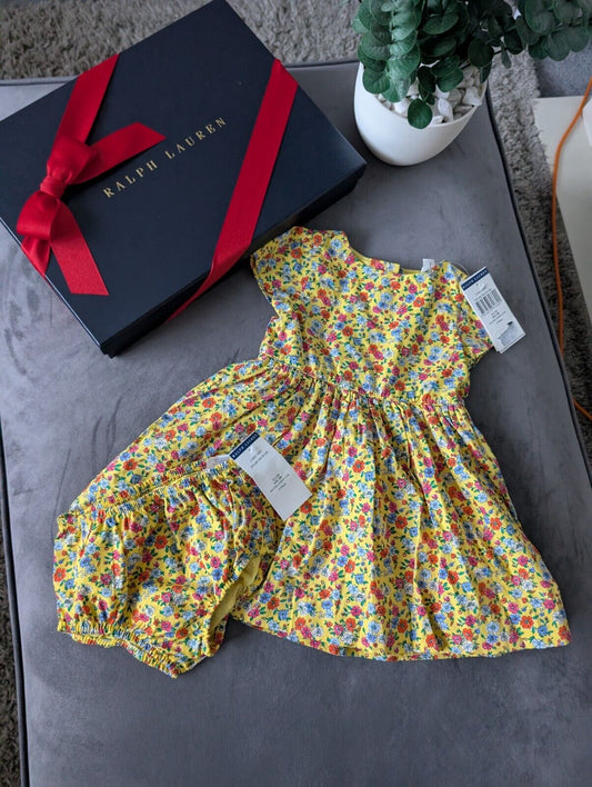 New Ralph Lauren Girls Floral Fully Lined Pretty Party Dress 9m Gift Yellow