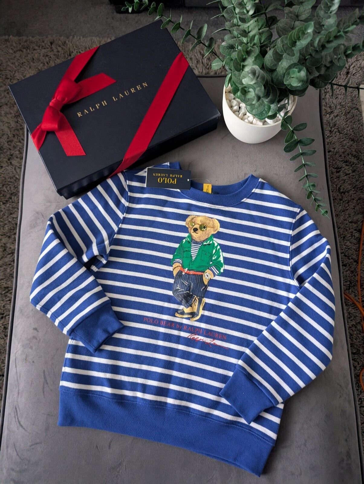 New Ralph Lauren Polo Bear Blue Stripe Sweatshirt Jumper Gift Casual Age 7yrs