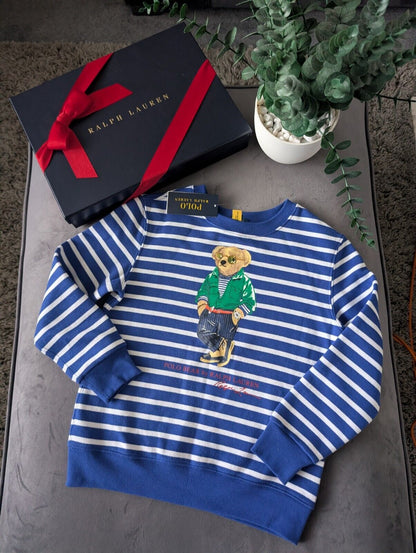 New Ralph Lauren Polo Bear Blue Stripe Sweatshirt Jumper Gift Casual Age 7yrs