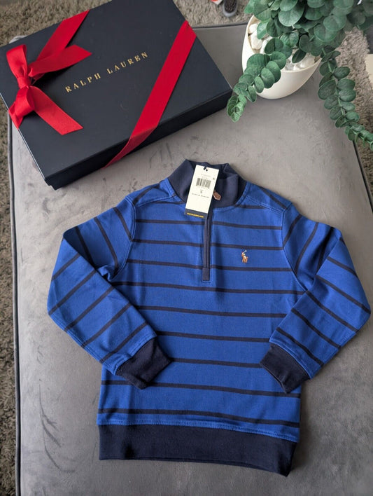 New Ralph Lauren Boys Navy  3/4 Zip Knit Blue Stripe Top Top Jumper Age 5y