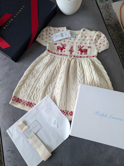 New stunning girls Ralph Lauren Christmas cable knit dress + gift box 9-12m Gift