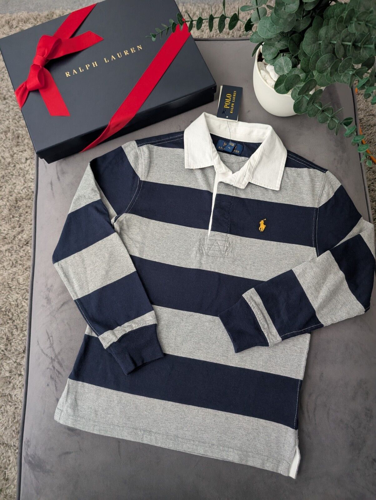 New Ralph Lauren Boys Rugby Style Stripe Long Sleeve Polo Grey Navy  8y Boys