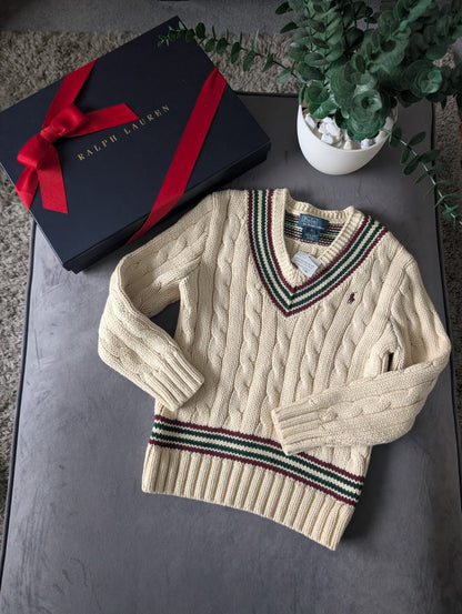 New Boys Ralph Lauren Vintage Ivory Chunky Knit Cricket Jumper Cream Gift 4-5y