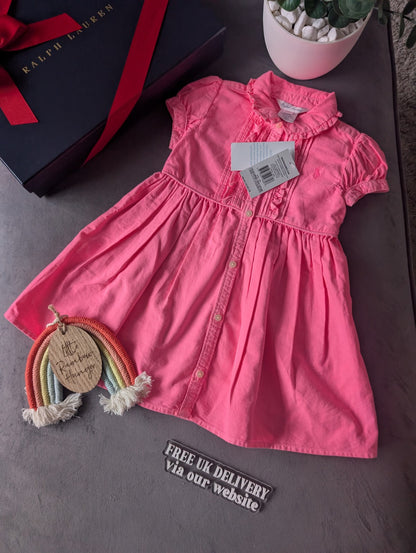 New Girls Polo Ralph Lauren Gorgeous Plain  Dress Oxford Neon Pink 12-18m Smart