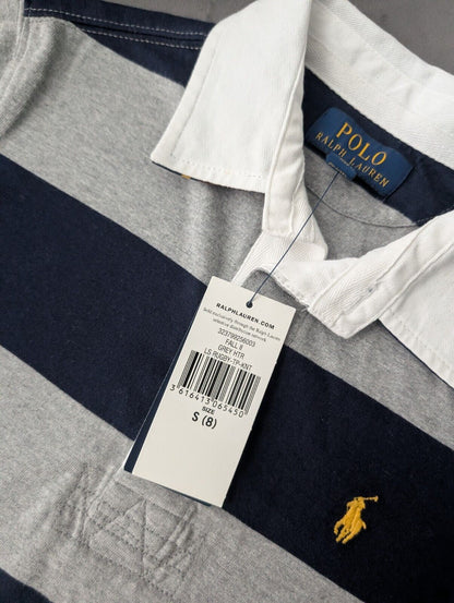 New Ralph Lauren Boys Rugby Style Stripe Long Sleeve Polo Grey Navy  8y Boys