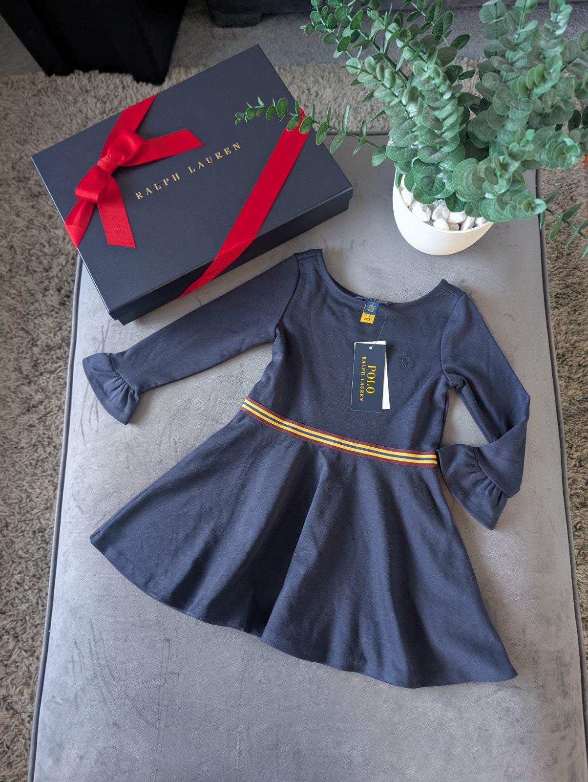 New Stunning Ralph Lauren Girls Ponte Frill Sleeve Navy Dress Belted Gift 2y