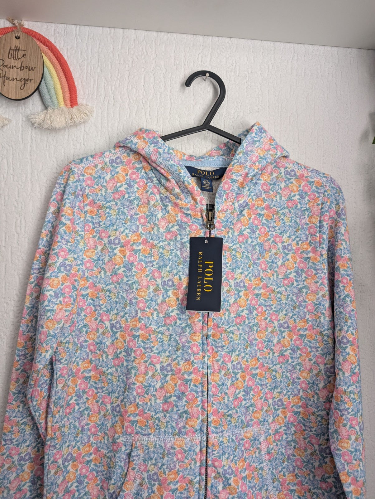 New Ralph Lauren Girls Floral Pink Blue Hoodie Spring Full Zip 10-12y Gift Cute