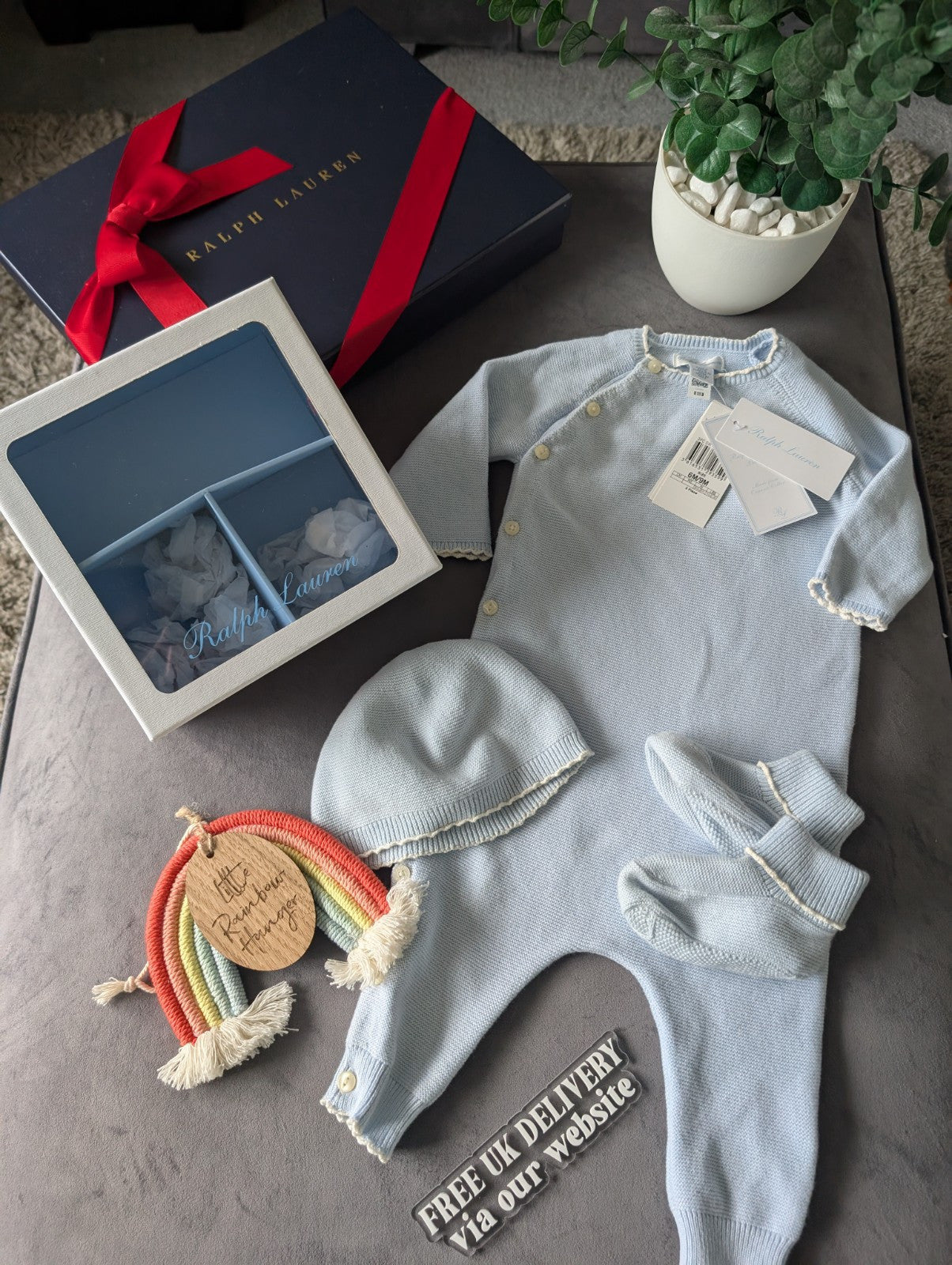 New Ralph Lauren Boys New Baby 3 Piece Gift Set Stripe  6-9 m BlueRRP £115