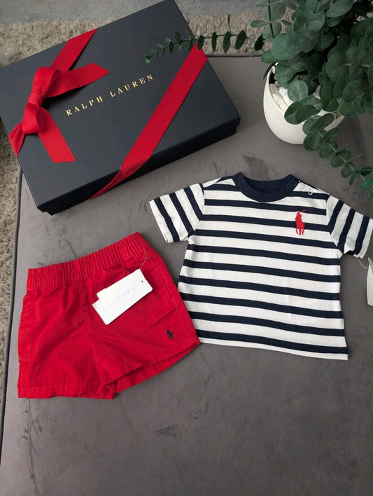 New adorable Ralph Lauren boys Stripe t Shirt + Red short set 3m gift Pony Logo